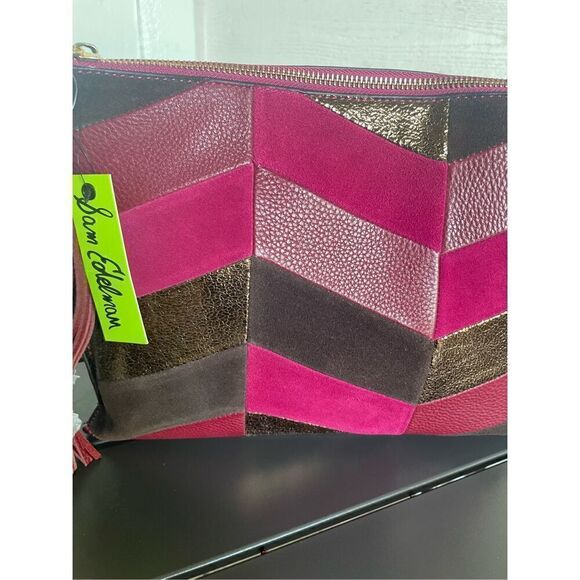 NWT Sam Edelman Chevron Suede Leather Patchwork Fringe Clutch Red/ Brown - Picture 15 of 15